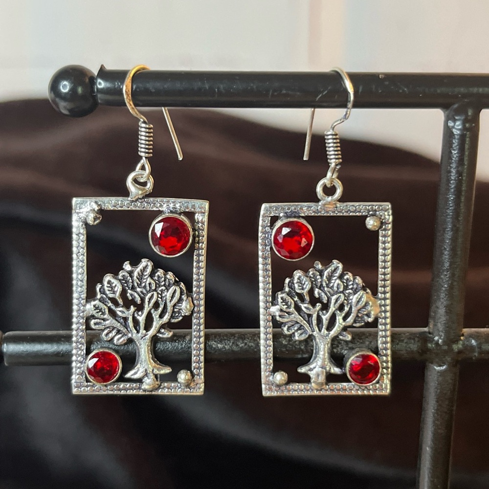 Artisan Crafted Red Garnet Tree Of Life Earrings In 925 Sterling Silver